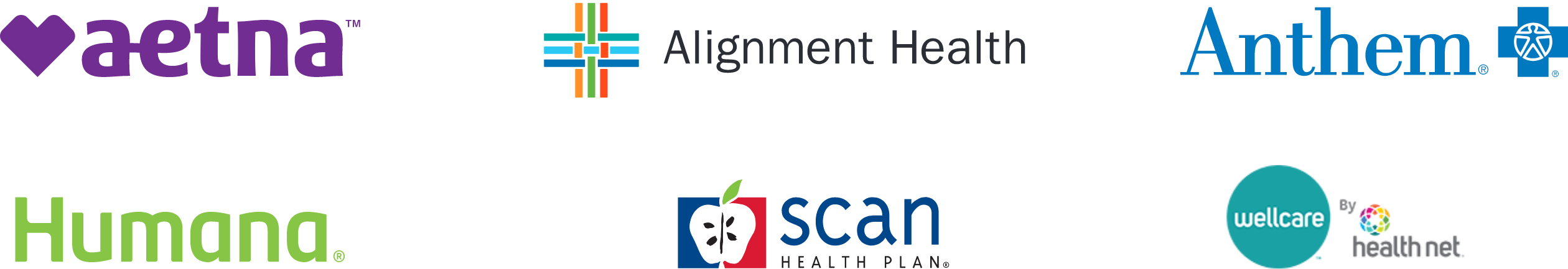 Aetna, Alignment Health, Anthem, Humana, Scan Health Plan, Wellcare by health.net
